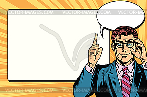 Pop art businessman with frame for text - vector image