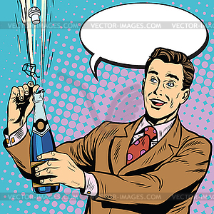 Retro man opens champagne party celebration holiday - vector image