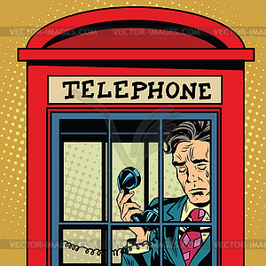 Ретро человек плачет в телефонной будке - клипарт в векторном формате