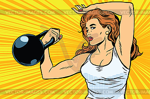 Strong woman athlete with weights - vector image