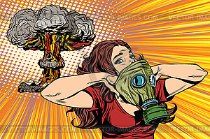 Nuclear explosion radiation hazard gas mask girl - vector image