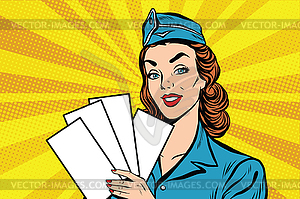 Girl retro stewardess with white forms brochure - vector image