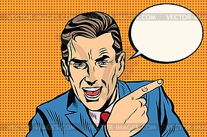 Speaker businessman pointing finger pop art retro - vector clip art