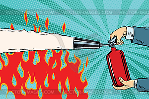 Extinguish flames with fire extinguisher - vector image