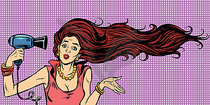 Young female drying hair hairdryer - vector clipart