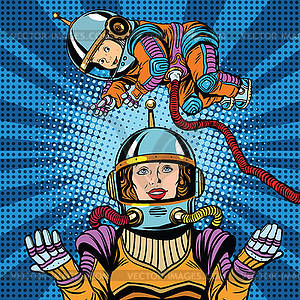 Space astronaut mother and newborn baby - vector clip art