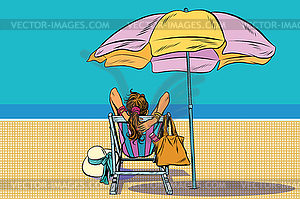 Girl in deckchair on beach - vector clipart