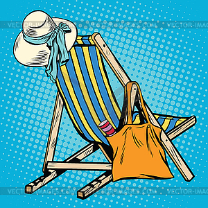 Deck chair with beach things women - vector image