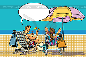 Beautiful couple man and woman resting on beach - vector image