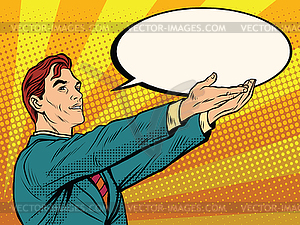 Retro businessman holding comic bubble - vector image