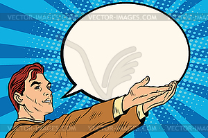 Retro businessman holding comic bubble - vector clipart