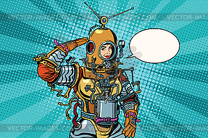 Retro woman salutes astronaut or deep sea diver - vector clip art