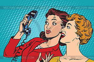 Two girlfriends and telephone - vector clipart