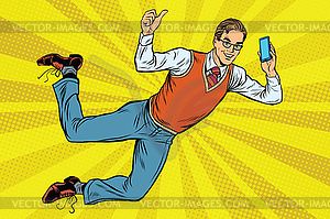 Flying hipster with smartphone - vector clip art