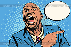 Emotional strong black man pointing finger - vector image