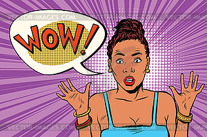 Wow surprised beautiful woman, African American - vector image