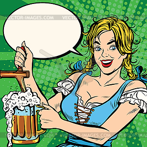 Young blond woman pours beer, national costume - vector image