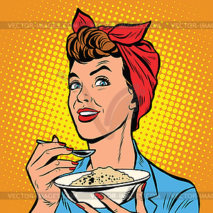 Woman with bowl of delicious cereal - vector clipart / vector image