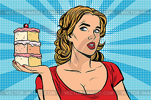 Pop art girl diet cake - vector clipart