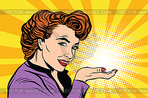 Retro woman advertising and light on palm - vector clipart