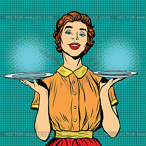 Woman waiter with two trays - vector clip art