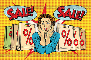 Pop art surprised woman sales discounts, buyer - vector image