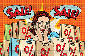 Pop art surprised woman sales discounts, buyer - vector clipart