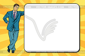 Business man next to poster - vector clipart