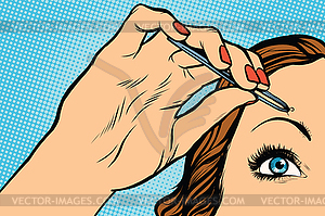 Woman plucking eyebrows depilating with tweezers - vector clip art
