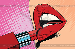 Девушка красит губы с красная помада, макияж - изображение в формате EPS