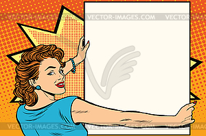 Pop art woman holding poster - royalty-free vector image