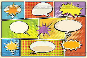 Comic book page pop art explosions, clouds and - vector clipart