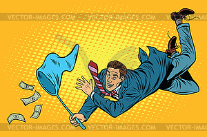 Business man catching money with butterfly net - vector image