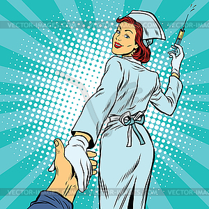 Follow me, nurse injection vaccine medicine - color vector clipart