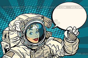 OK gesture female astronaut in spacesuit - vector clipart