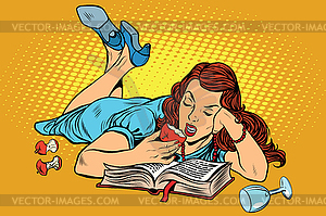 Beautiful woman lying down reading book and eating - vector clip art