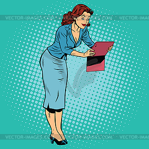 Woman photographed on tablet - vector clip art