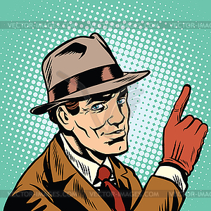 Male spy points finger, retro background - vector clip art