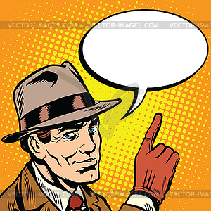 Male spy points finger, retro background - vector image