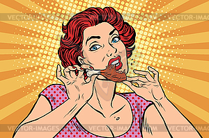 Woman eating chicken leg - vector clip art