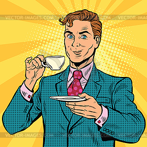 Retro businessman drinking tea - vector image