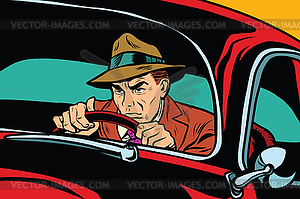 Серьезные ретро человек за рулем автомобиля - изображение в векторном виде