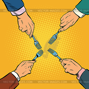 Hands with fork divide something - vector image