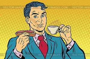 Retro businessman eating Breakfast, coffee and - vector clipart / vector image