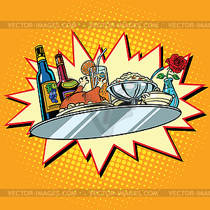 Large food tray with wine and dinner - vector clip art