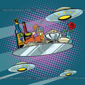 Flying dinner tray and UFO - vector image