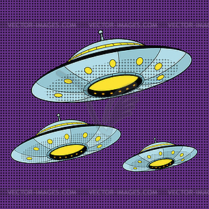 Three UFO flying across sky - vector image