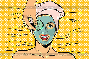 Огурцы маска на лице женщины, красоты кожи - рисунок в векторном формате