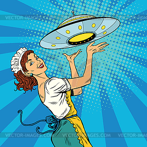 Waitress with UFO - vector clipart