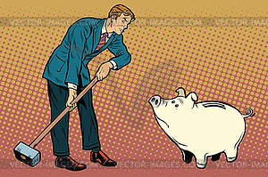 Retro businessman wants to break cute piggy Bank - vector image